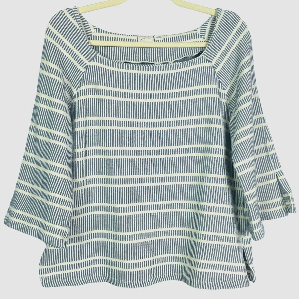 Anthropologie Postmark Blue White Striped 3/4 Sleeve Top Square Neck Bell Sleeve